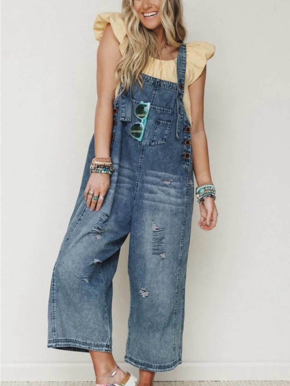 Three Bird Nest Distressed Wide-Leg Denim Overalls - Blue